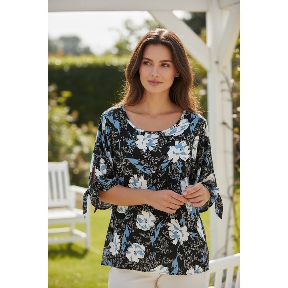 Jouica Black Blue Floral Blouse Size S NWT | Tie Sleeve Dressy Top - Picture 9 of 14